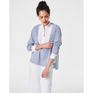 Spanx Poplin Tuxedo Shirt Size Small Postal Blue Narrow White Stripe